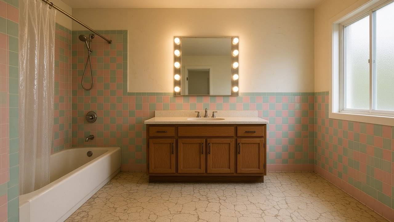 Bathroom example before renovation with a tub, dated tile and vanity.
