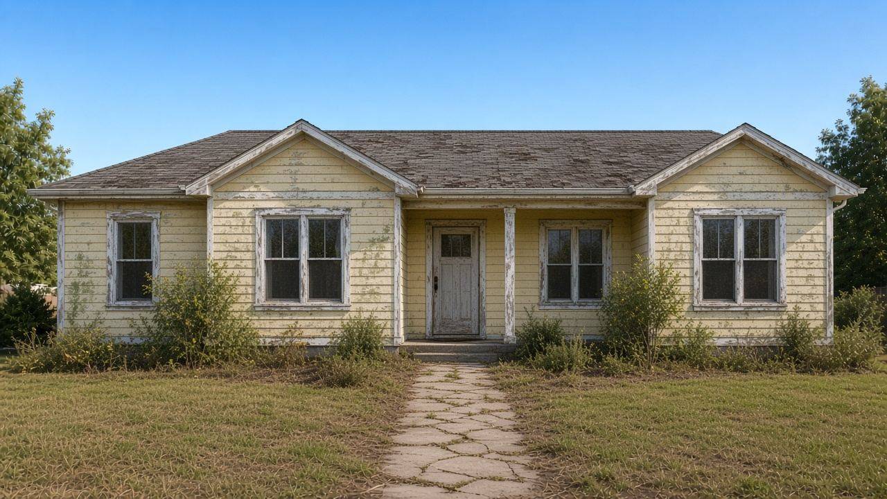 Exterior example before renovation with worn siding and an overgrown front yard.