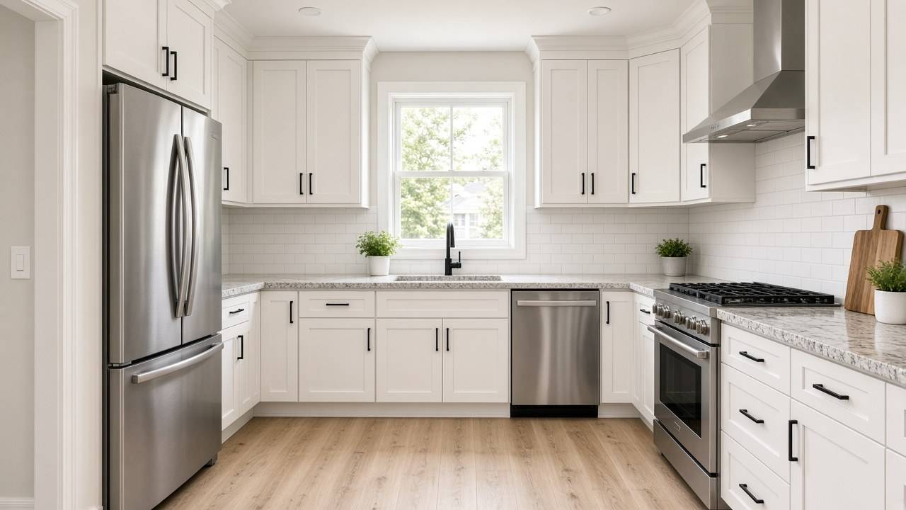Kitchen example after renovation with white shaker cabinets, granite countertops and stainless appliances.