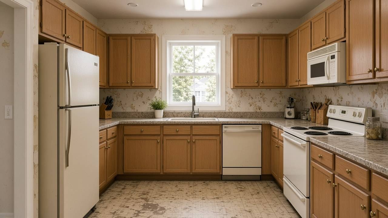 Kitchen example before renovation with dated cabinetry and countertops.